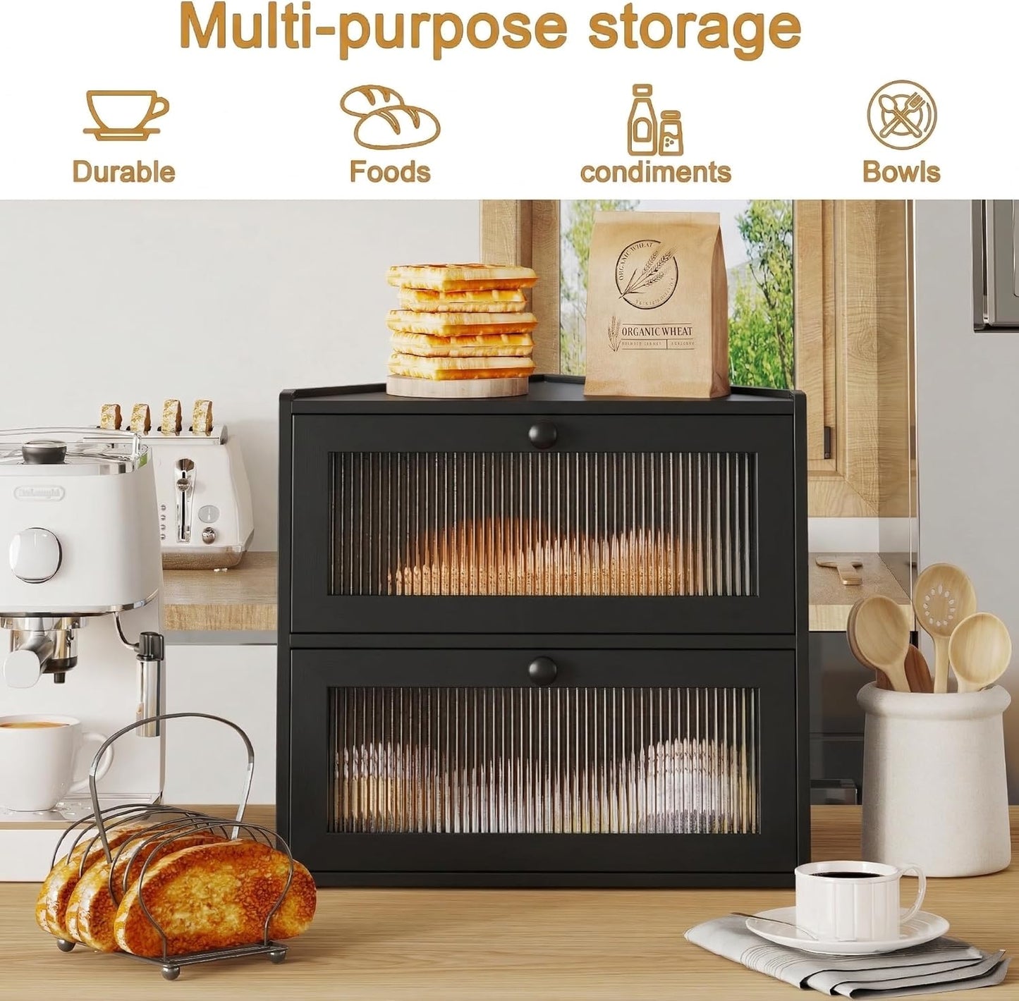 Corner Bread Box for Kitchen Countertop, Double Layer Bamboo Bread Storage Container with Wavy Windows, Farmhouse Large Bread Bin, Wooden Breadbox Holder for Homemade Bread (Black)