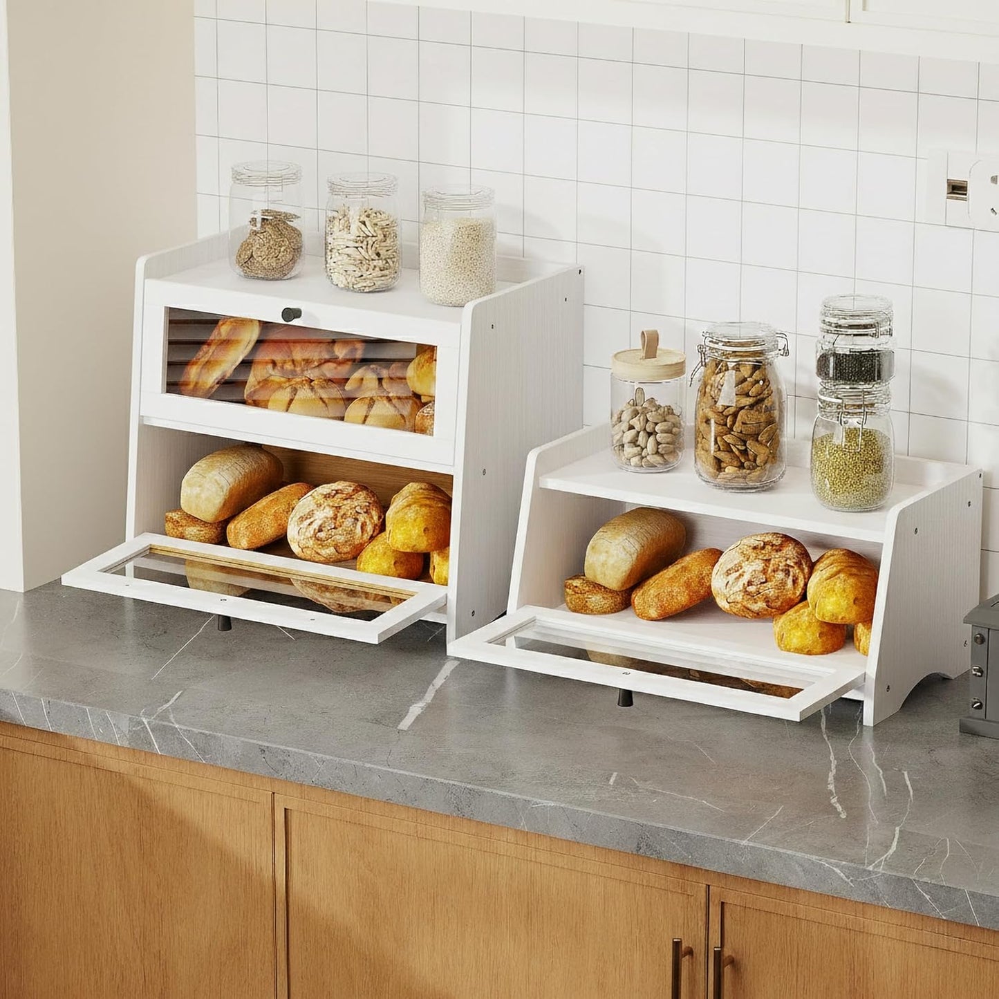 Bread Box for Kitchen Countertop, Extra Large Bamboo Bread Storage Container for Homemade Bread, Double Layer Sourdough Breadox, Bread Bin Organizer for Counter Cabinet Pantry, White