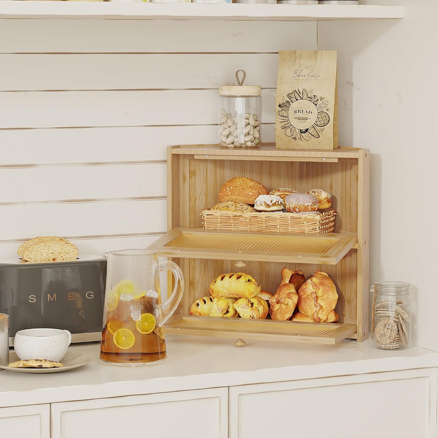 Corner Bread Box for Kitchen Countertop, Double Layer Bamboo Bread Storage Container with Wavy Windows, Farmhouse Large Bread Bin, Wooden Breadbox Holder for Homemade Bread (Natural)