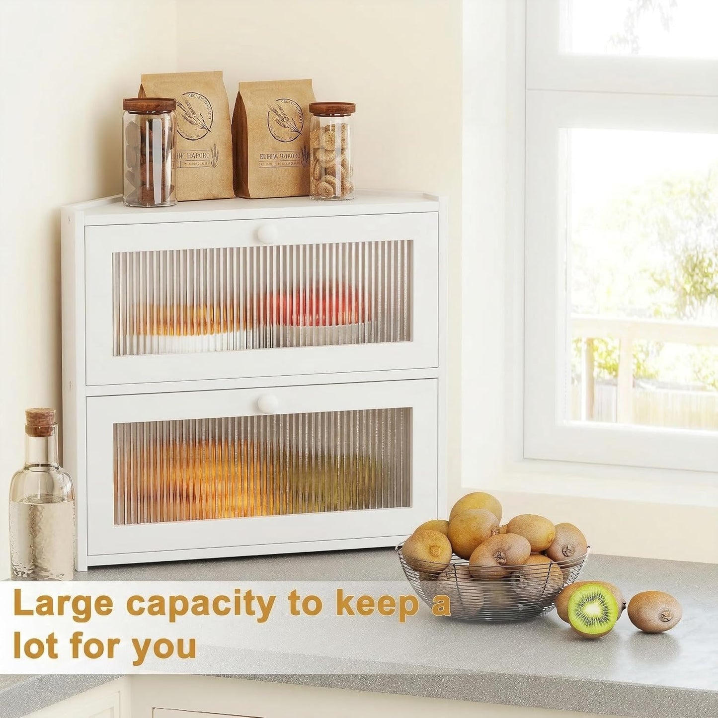 Corner Bread Box for Kitchen Countertop, Double Layer Bamboo Bread Storage Container with Wavy Windows, Farmhouse Large Bread Bin, Wooden Breadbox Holder for Homemade Bread (White)