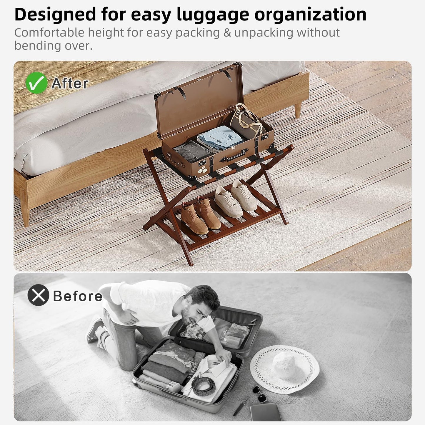 Full Assembled Luggage Rack Set of 2, Bamboo Luggage Holder Rack for Guest Room, 26.77" L Folding Suitcase Stand with 5 Nylon Straps & Storage Shelf for Bedroom Hotel (2 Pack - Brown)