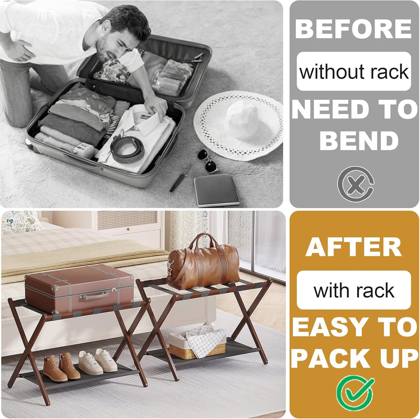 Bamboo Luggage Rack for Guest Room, 26.77" Folding Wide Suitcase Stand with Fabric Storage Shelf, Thickened Luggage Stand Holder for Bedroom Hotel, Luggage Rack for Suitcases (1 Pack - Brown)