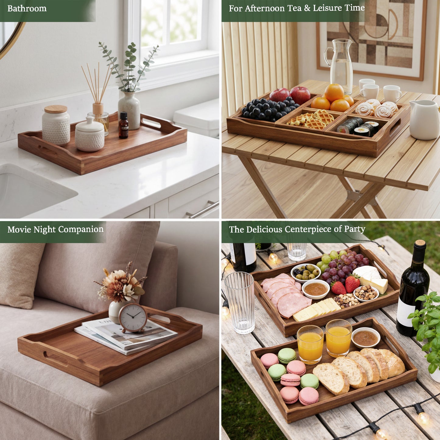 Acacia Wood Serving Tray with Handles, Rectangular Wooden Ottoman Tray for Coffee Table, Breakfast in Bed, Drinks, Kitchen Countertop and Home Decor