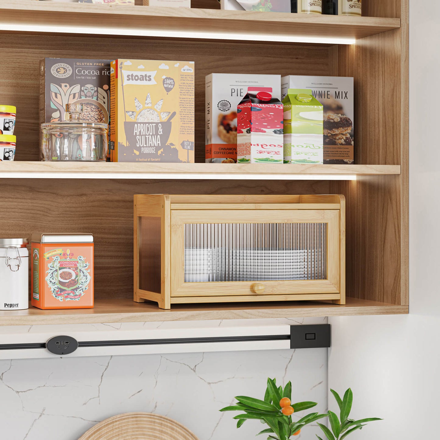 PLUSINTHEBOX Bamboo Bread Box with 3 Sides Wavy & Back Clear Window