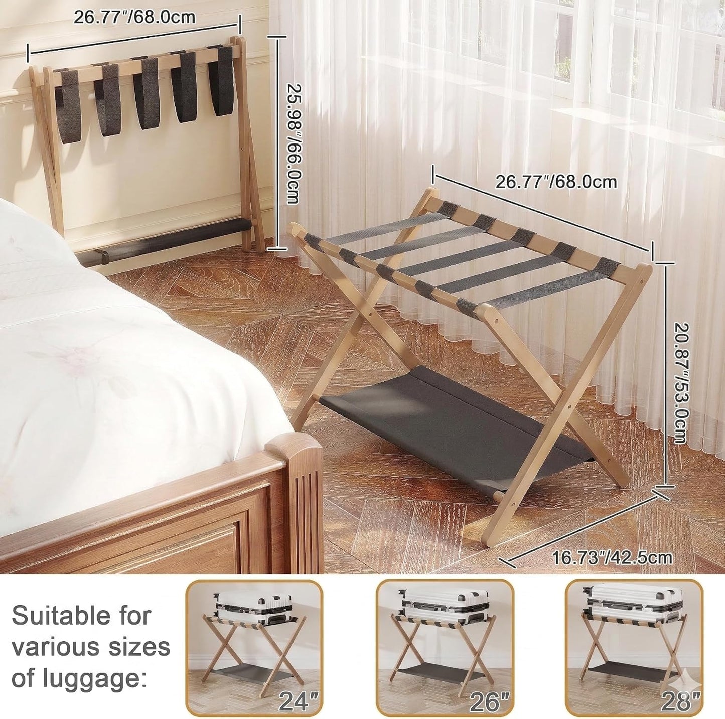 Bamboo Luggage Rack for Guest Room, 26.77" Folding Wide Suitcase Stand with Fabric Storage Shelf, Thickened Luggage Stand Holder for Bedroom Hotel, Luggage Rack for Suitcases (1 Pack - Tea brown)