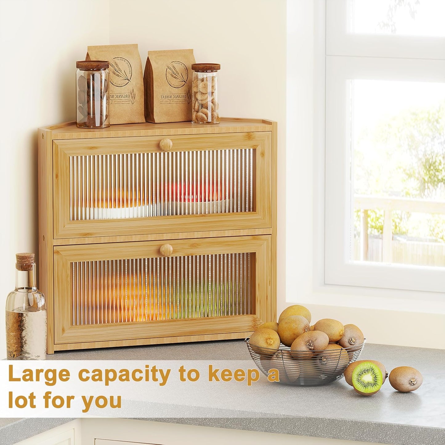 Corner Bread Box for Kitchen Countertop, Double Layer Bamboo Bread Storage Container with Wavy Windows, Farmhouse Large Bread Bin, Wooden Breadbox Holder for Homemade Bread (Natural)