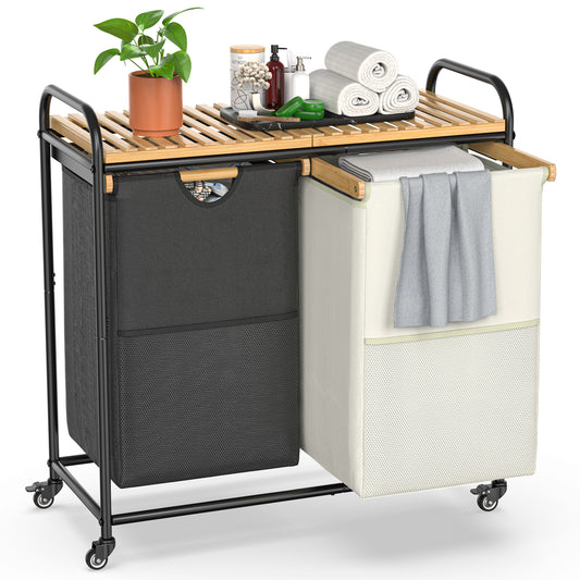 100L Bamboo Freestanding Laundry Hamper With Wheels, Storage Shelf and 2 Sliding Bag