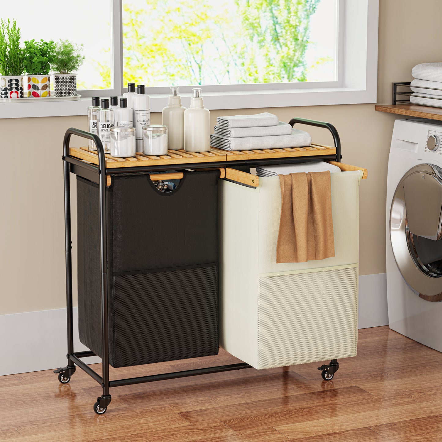 100L Bamboo Freestanding Laundry Hamper With Wheels, Storage Shelf and 2 Sliding Bag