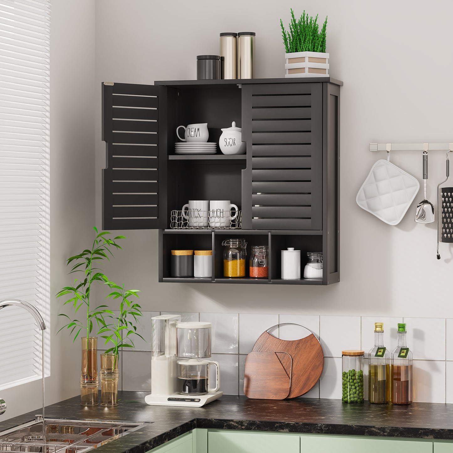 Removable Bamboo Two-Door Wall Mounted Bathroom Cabinet (Black)