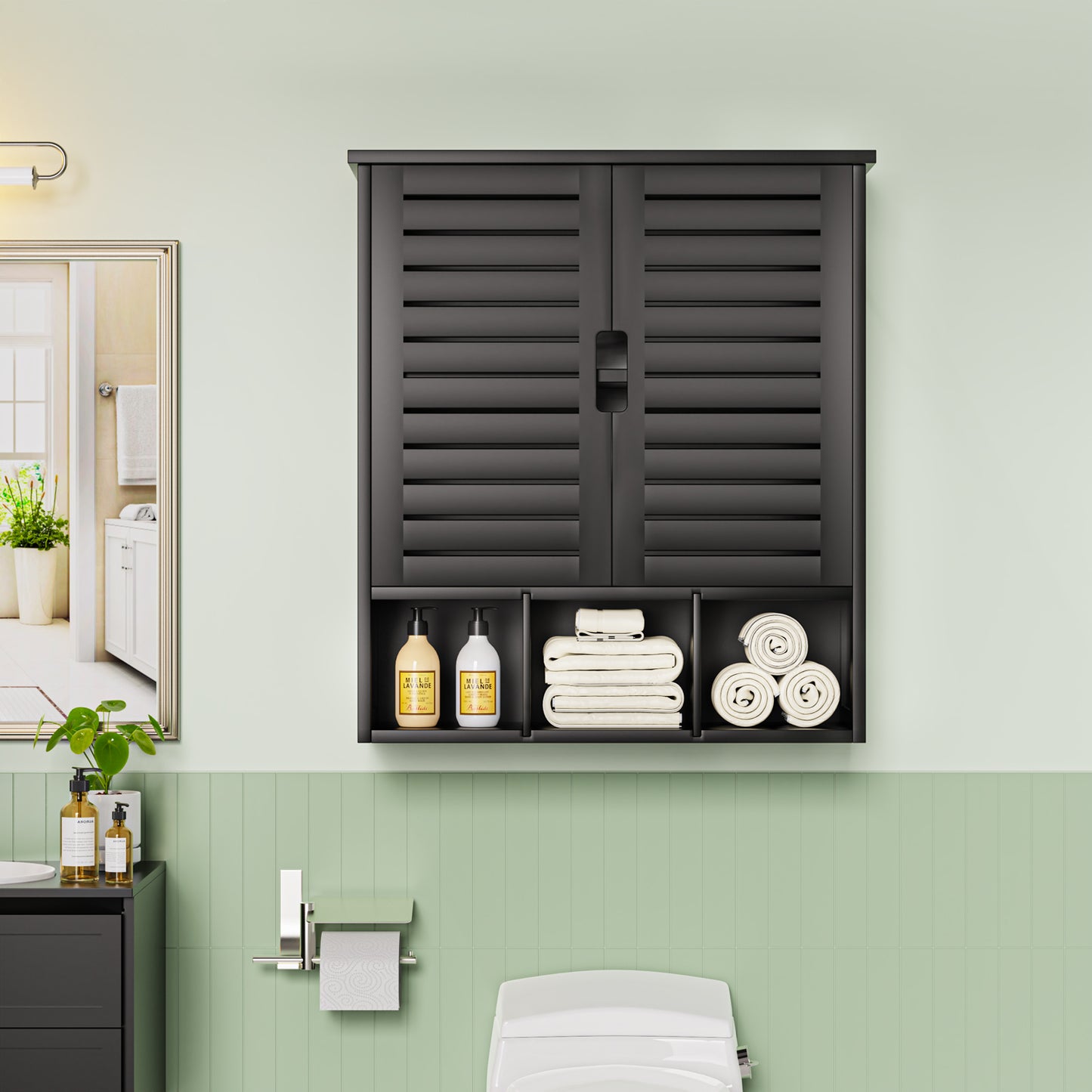 Removable Bamboo Two-Door Wall Mounted Bathroom Cabinet (Black)