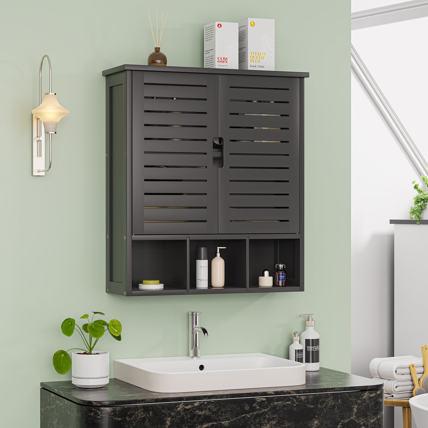 Removable Bamboo Two-Door Wall Mounted Bathroom Cabinet (Black)
