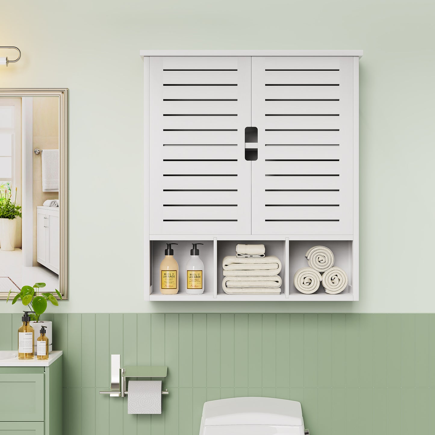 Removable Bamboo Two-Door Wall Mounted Bathroom Cabinet (White)