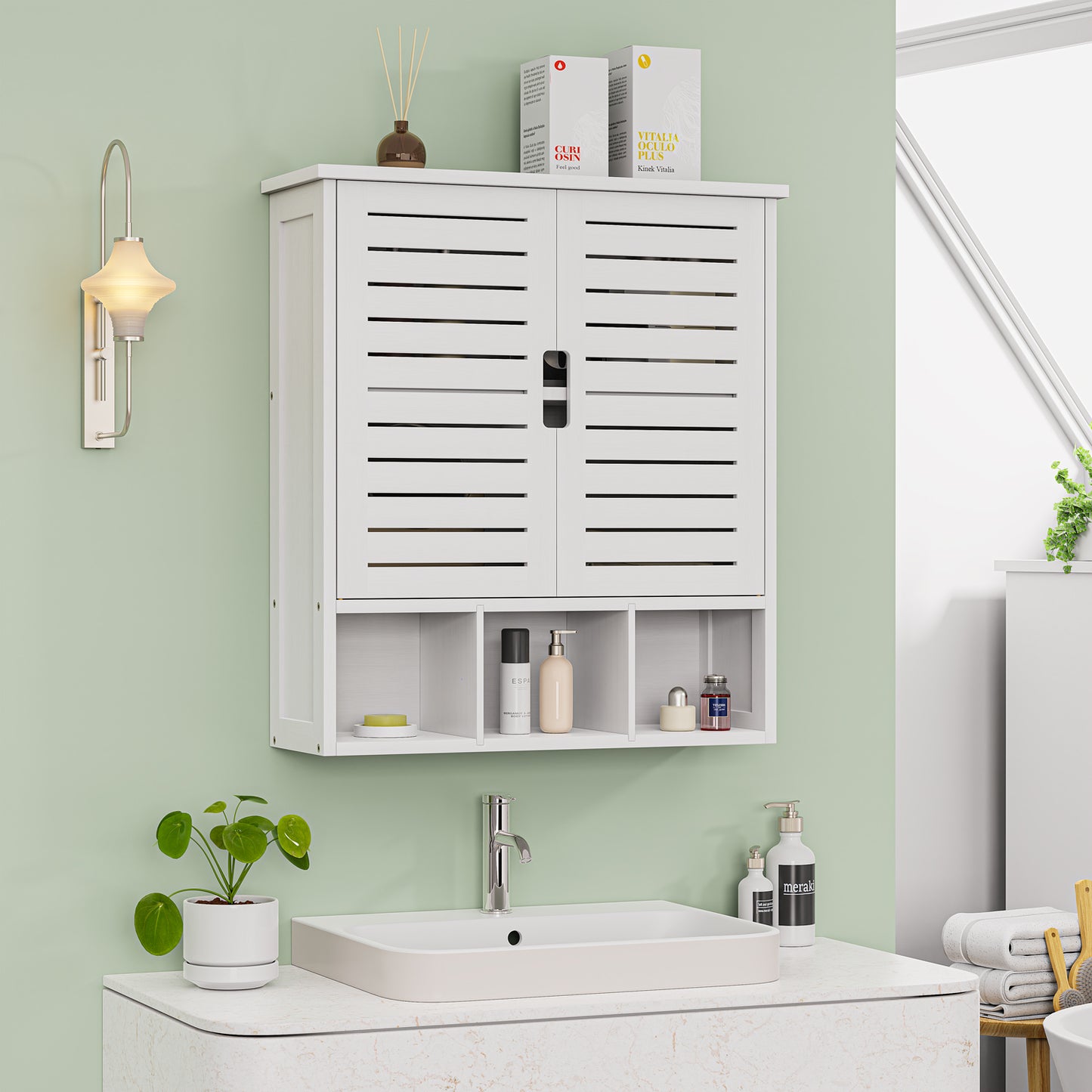 Removable Bamboo Two-Door Wall Mounted Bathroom Cabinet (White)
