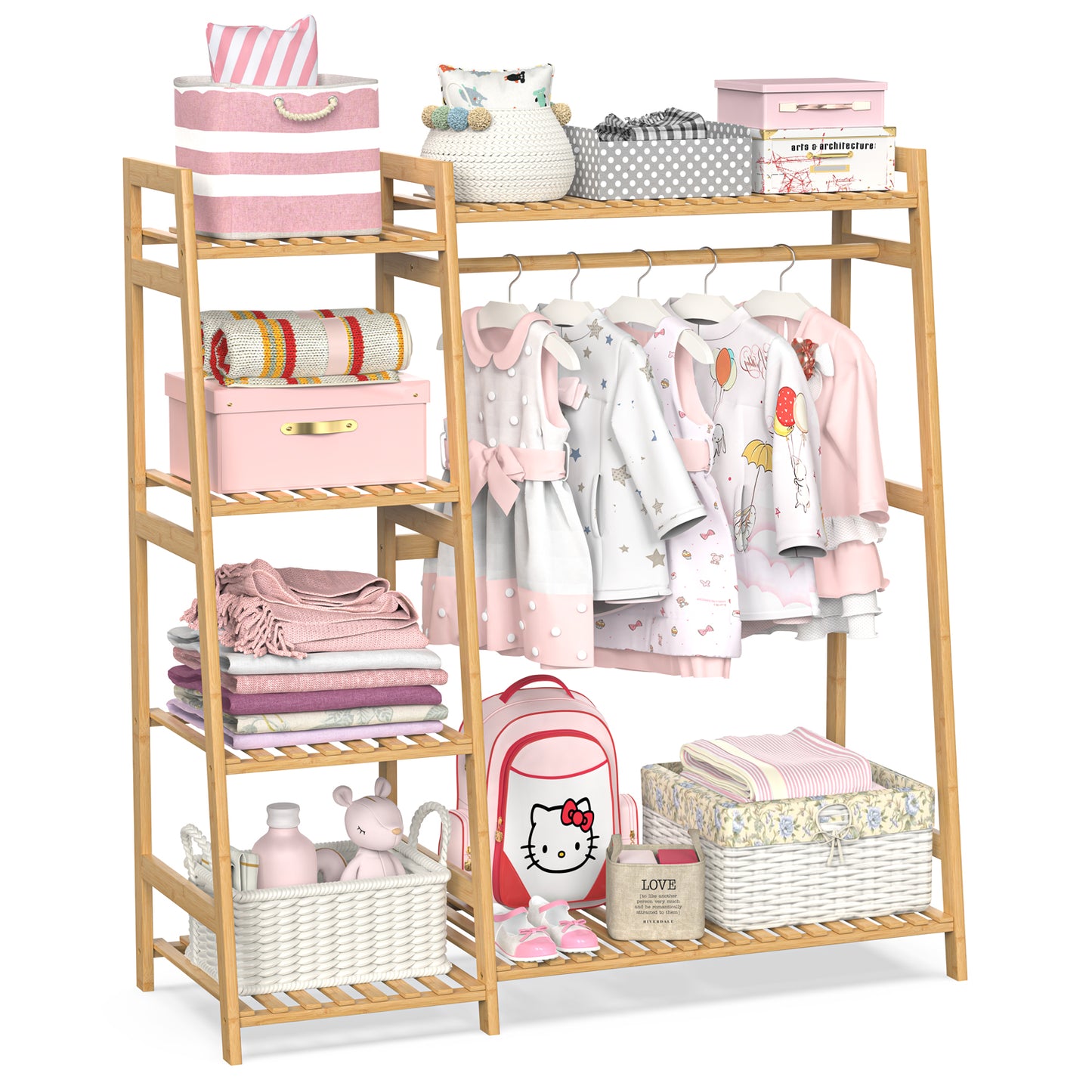 BAMBOOHOMIE Kids Clothing Rack with Shelves, Bamboo Clothes Garment Rack for Kids Child Baby, Kids Dress Up Storage Rack with Top Shelf, Toddlers Wardrobe Closet for Nursery (Medium Size)
