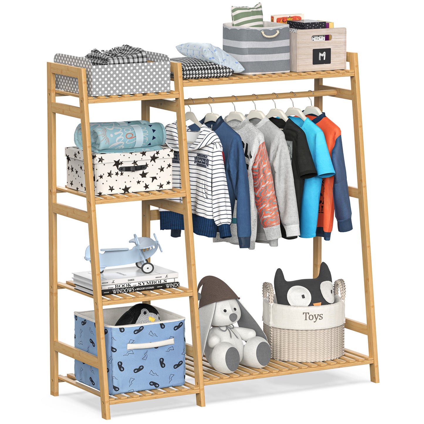 BAMBOOHOMIE Kids Clothing Rack with Shelves, Bamboo Clothes Garment Rack for Kids Child Baby, Kids Dress Up Storage Rack with Top Shelf, Toddlers Wardrobe Closet for Nursery (Medium Size)