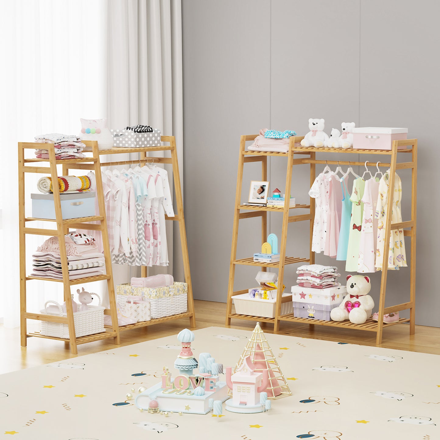 BAMBOOHOMIE Kids Clothing Rack with Shelves, Bamboo Clothes Garment Rack for Kids Child Baby, Kids Dress Up Storage Rack with Top Shelf, Toddlers Wardrobe Closet for Nursery (Medium Size)