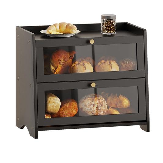 Bread Box for Kitchen Countertop, Extra Large Bamboo Bread Storage Container for Homemade Bread, Double Layer Breadox, Bread Bin Organizer for Counter Cabinet Pantry, Black