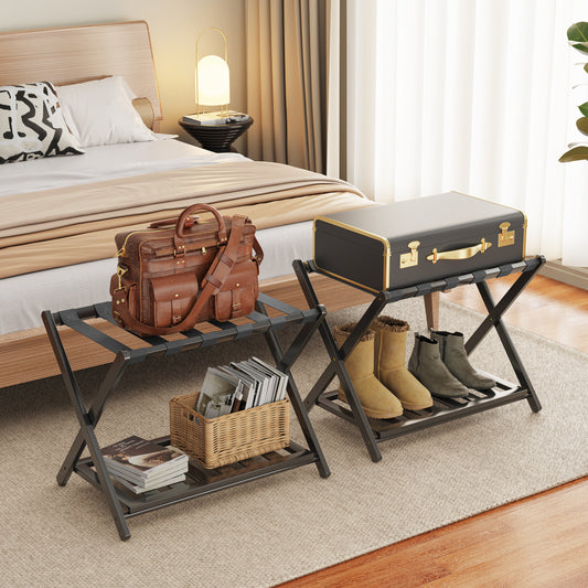 2 Pack Bamboo Luggage Rack for Guest Room, 26.77" Folding Wide Suitcase Stand with Storage Shelf, Thickened Luggage Stand Holder for Bedroom Hotel, Luggage Rack for Suitcases (Black)