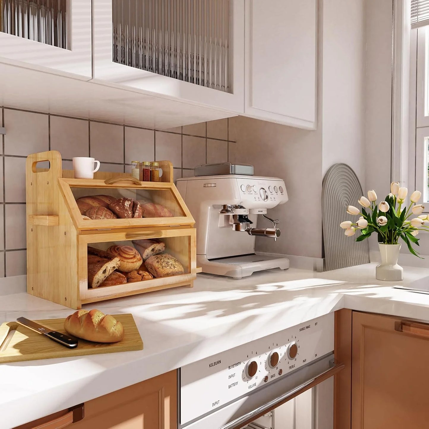 Extra Large Double Layer Bamboo Bread Box with Tool Holder - Natural