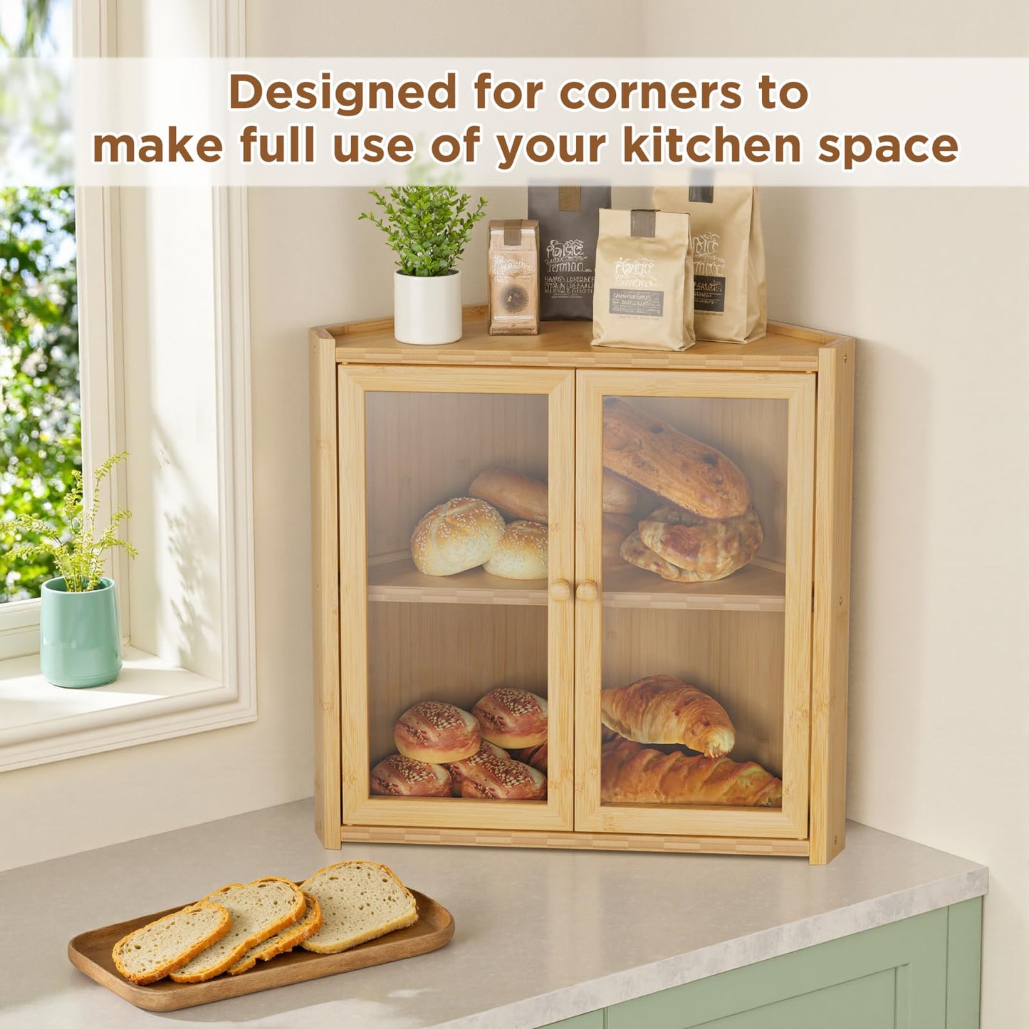 Bread Box, Double Layer Bamboo Bread Bin for Homemade Bread Bakers and Corner Kitchen Countertop with Double Doors, Not Suitable for Oversized Loaves, Natural