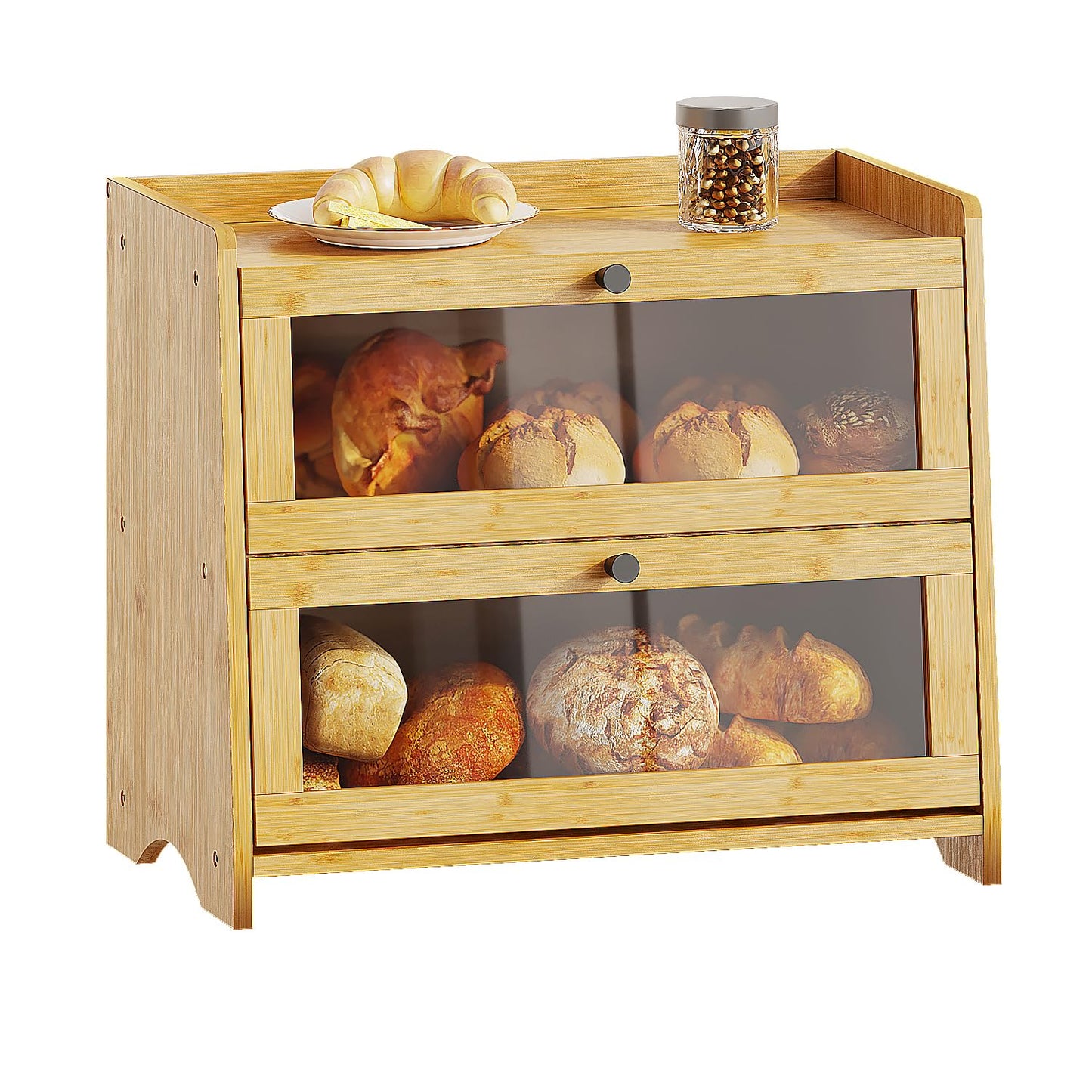 Bread Box for Kitchen Countertop, Extra Large Bamboo Bread Storage Container for Homemade Bread, Double Layer Sourdough Breadox, Bread Bin Organizer for Counter Cabinet Pantry, Natural