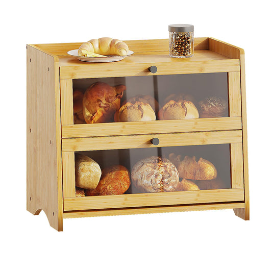 Bread Box for Kitchen Countertop, Extra Large Bamboo Bread Storage Container for Homemade Bread, Double Layer Sourdough Breadox, Bread Bin Organizer for Counter Cabinet Pantry, Natural
