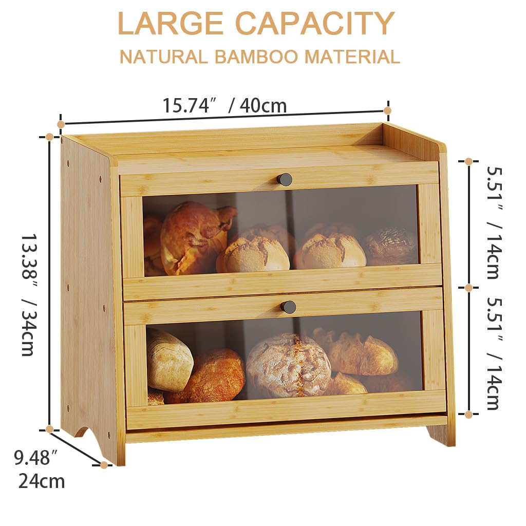 Bread Box for Kitchen Countertop, Extra Large Bamboo Bread Storage Container for Homemade Bread, Double Layer Sourdough Breadox, Bread Bin Organizer for Counter Cabinet Pantry, Natural