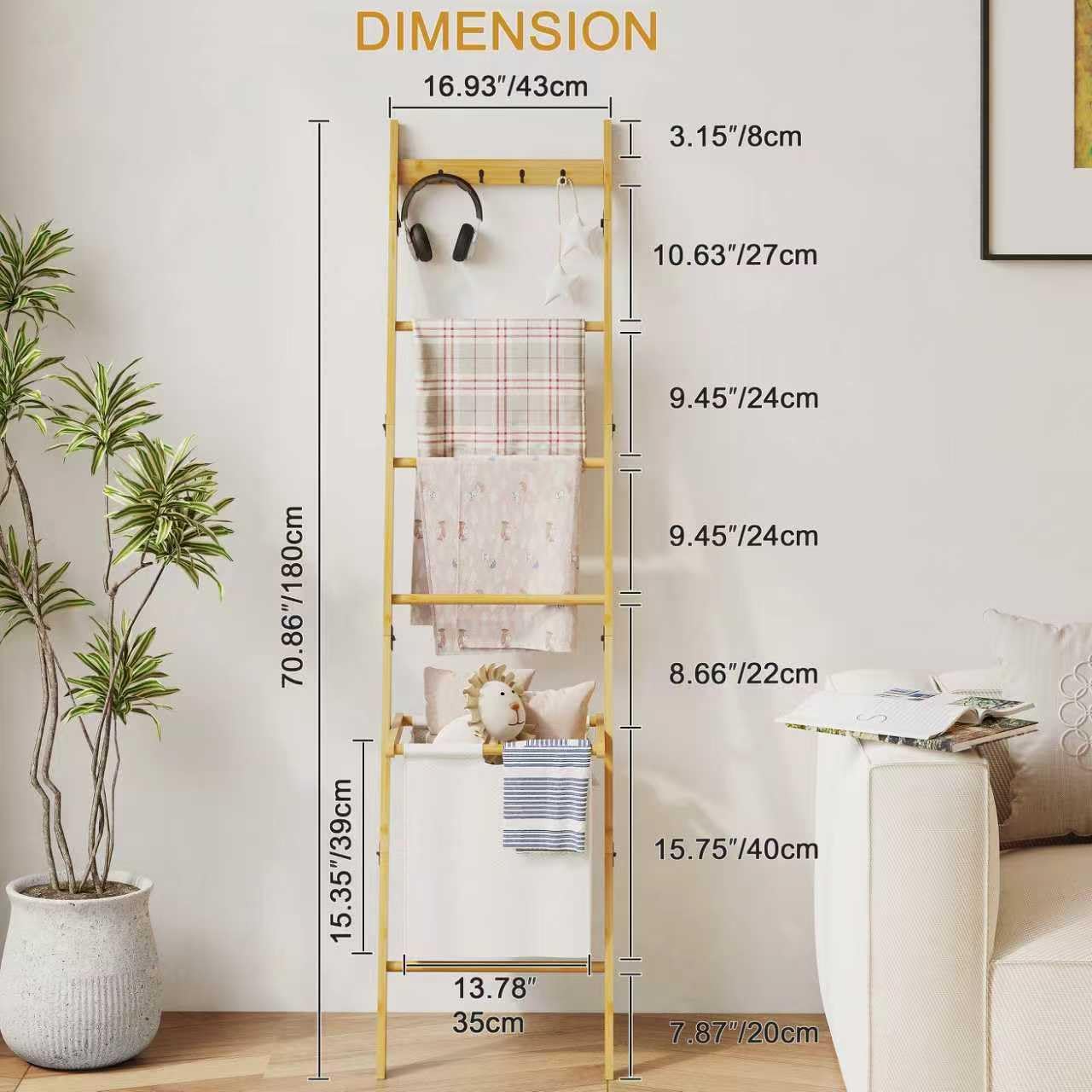 Bamboo Blanket Ladder with Basket, 5-Tier Quilt Rack Stand with 4 Hooks & Storage Hamper for Living Room Bathroom, Wall Leaning Decorative Ladder Shelf for Blankets Display (Natural)