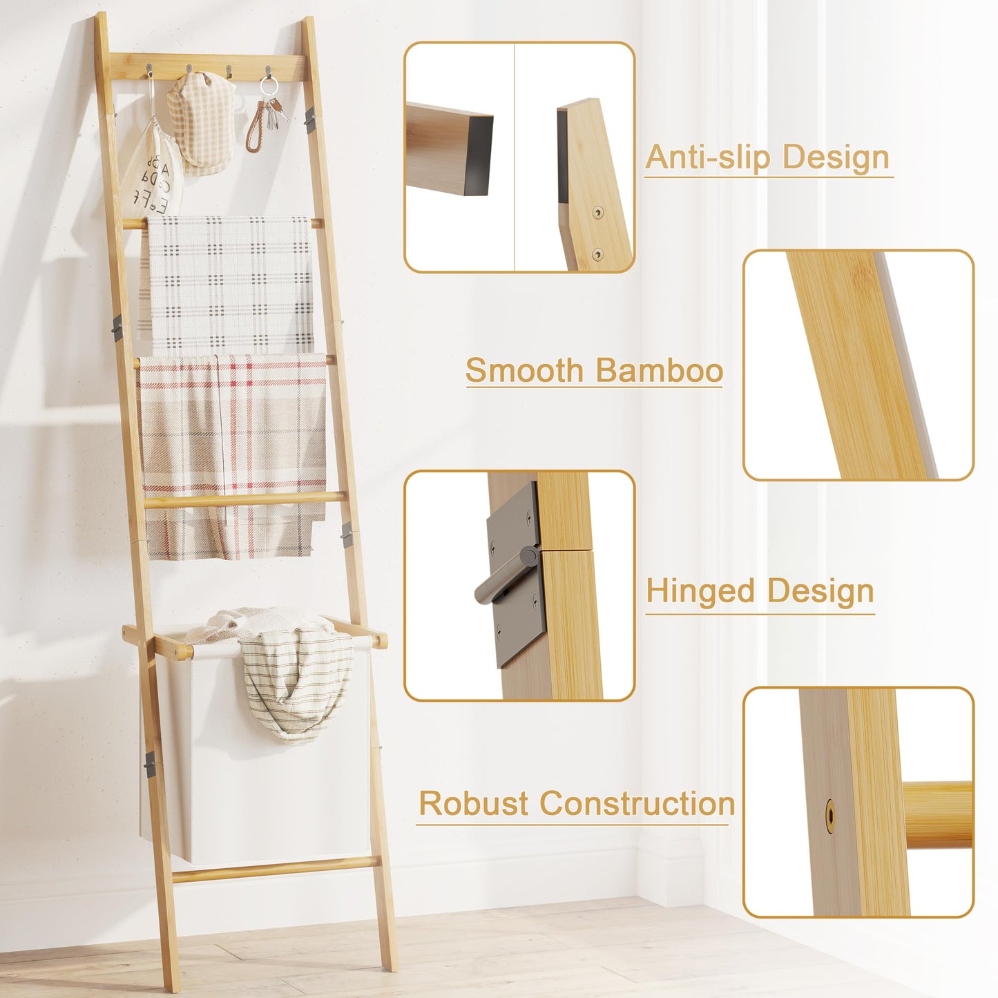 Bamboo Blanket Ladder with Basket, 5-Tier Quilt Rack Stand with 4 Hooks & Storage Hamper for Living Room Bathroom, Wall Leaning Decorative Ladder Shelf for Blankets Display (Natural)