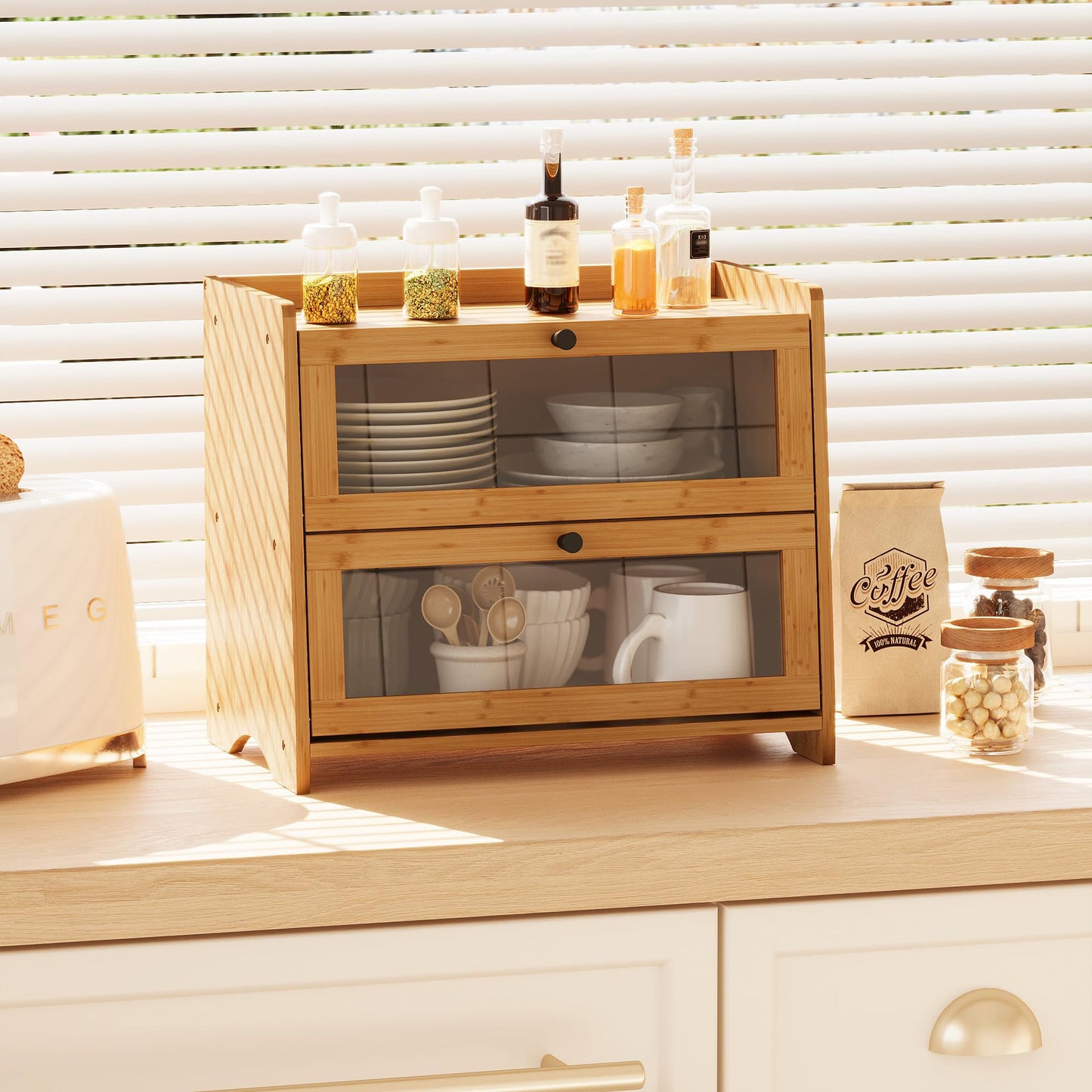 Bread Box for Kitchen Countertop, Extra Large Bamboo Bread Storage Container for Homemade Bread, Double Layer Sourdough Breadox, Bread Bin Organizer for Counter Cabinet Pantry, Natural