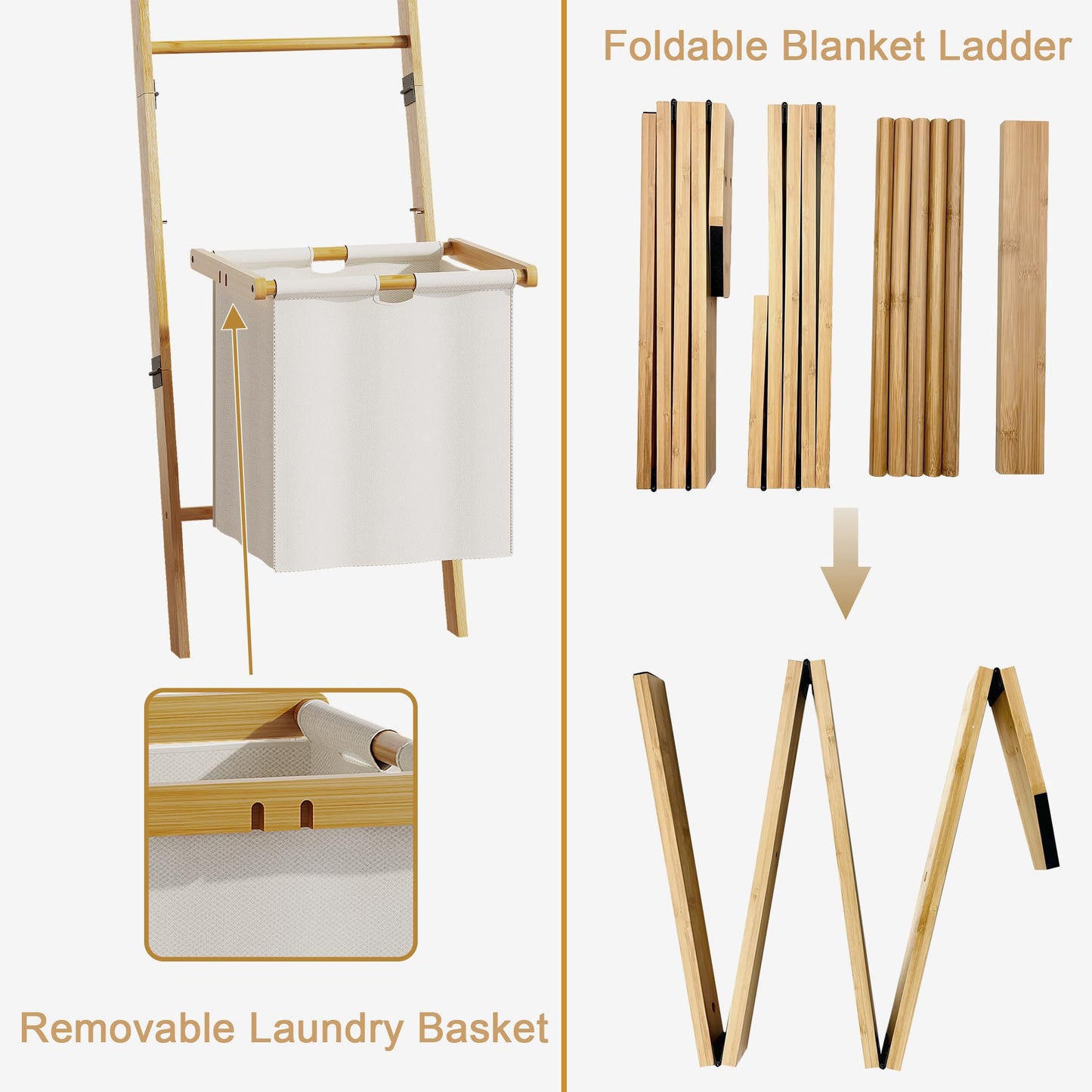 Bamboo Blanket Ladder with Basket, 5-Tier Quilt Rack Stand with 4 Hooks & Storage Hamper for Living Room Bathroom, Wall Leaning Decorative Ladder Shelf for Blankets Display (Natural)