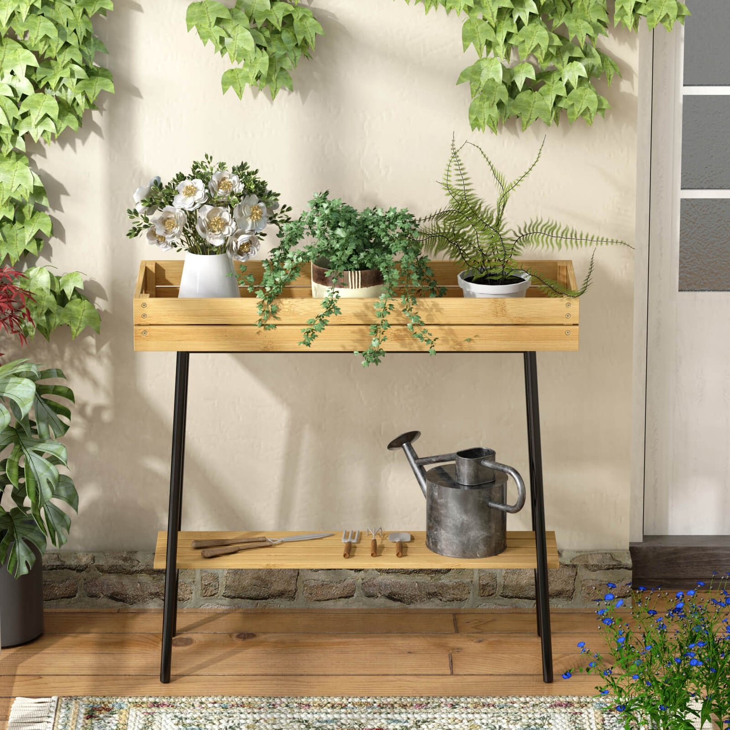 PLUSINTHEBOX 2-Tier Bamboo Plant Stand Table with Metal Legs