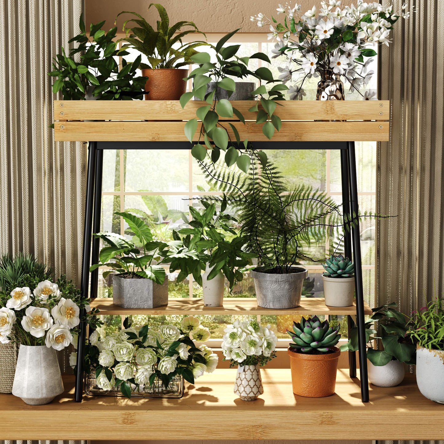 PLUSINTHEBOX 2-Tier Bamboo Plant Stand Table with Metal Legs