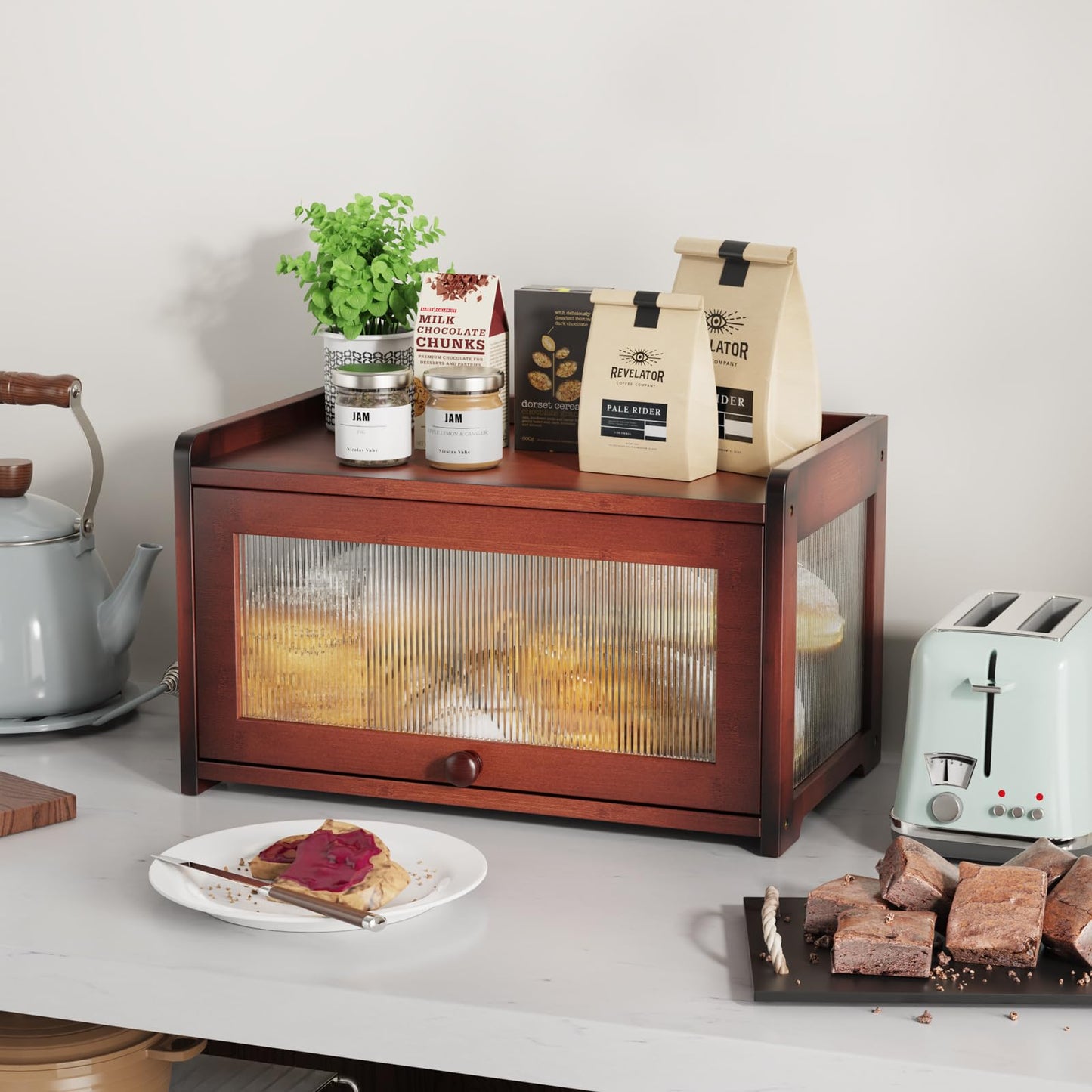 Bamboo Bread Box for Kitchen Countertop, Extra Large Farmhouse Bread Box with 4-Side Clear Panels, Wooden Bread Storage Container for Homemade Bread, Brown