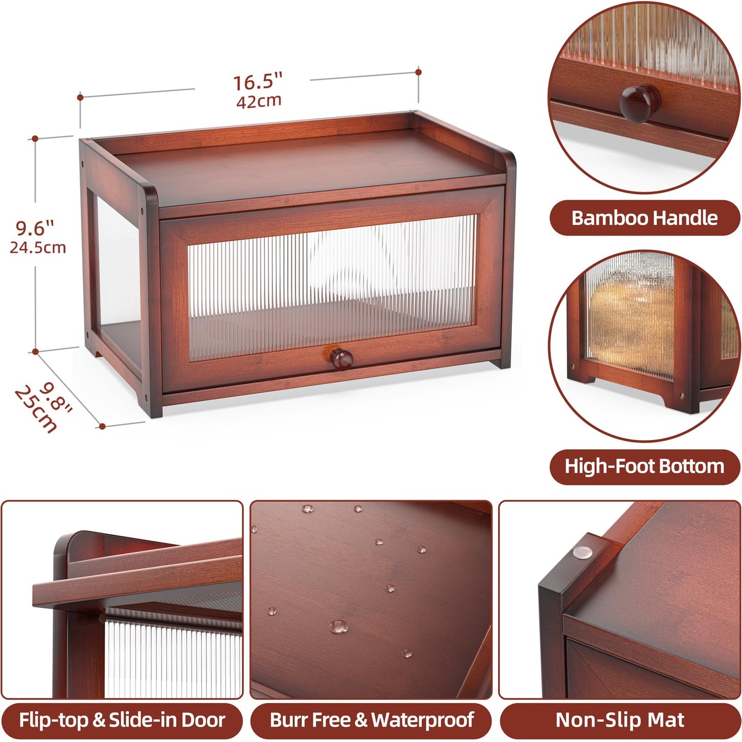 Bamboo Bread Box for Kitchen Countertop, Extra Large Farmhouse Bread Box with 4-Side Clear Panels, Wooden Bread Storage Container for Homemade Bread, Brown