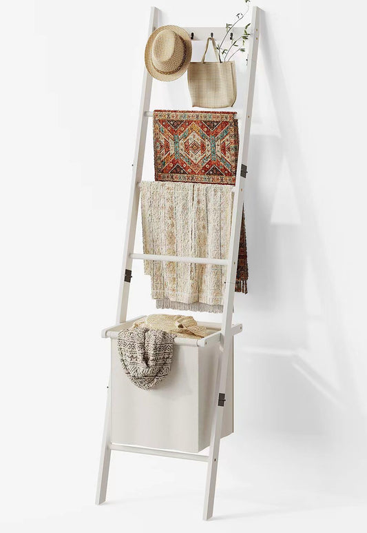 Bamboo Blanket Ladder with Basket, 5-Tier Quilt Rack Stand with 4 Hooks & Storage Hamper for Living Room Bathroom, Wall Leaning Decorative Ladder Shelf for Blankets Display (White)