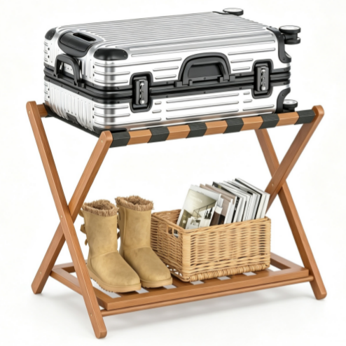 Bamboo Luggage Rack for Guest Room, Wide Suitcase Stand with Storage Shelf, Folding Luggage Stand Holder for Bedroom Hotel, 26.77" Thickened Luggage Rack for Suitcases, Tea brown